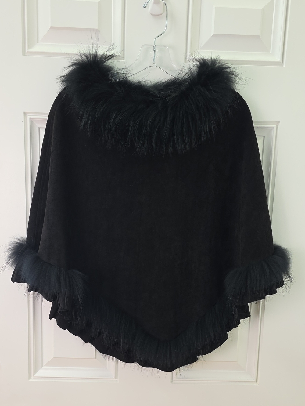 Dolce Cabo Black Faux Suede Poncho with Raccoon Fur Trim.  Size S/M